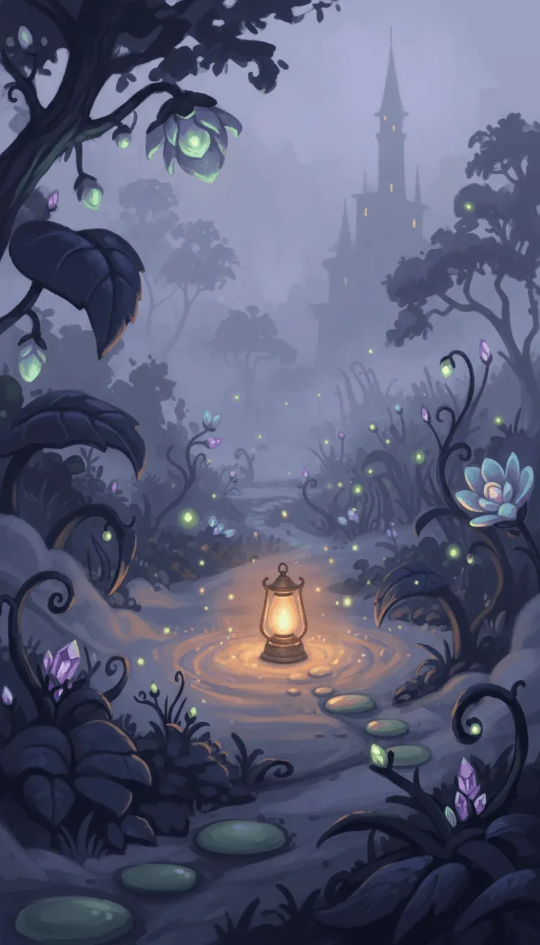 A single lit lantern alone on a misty path in an enchanted night garden