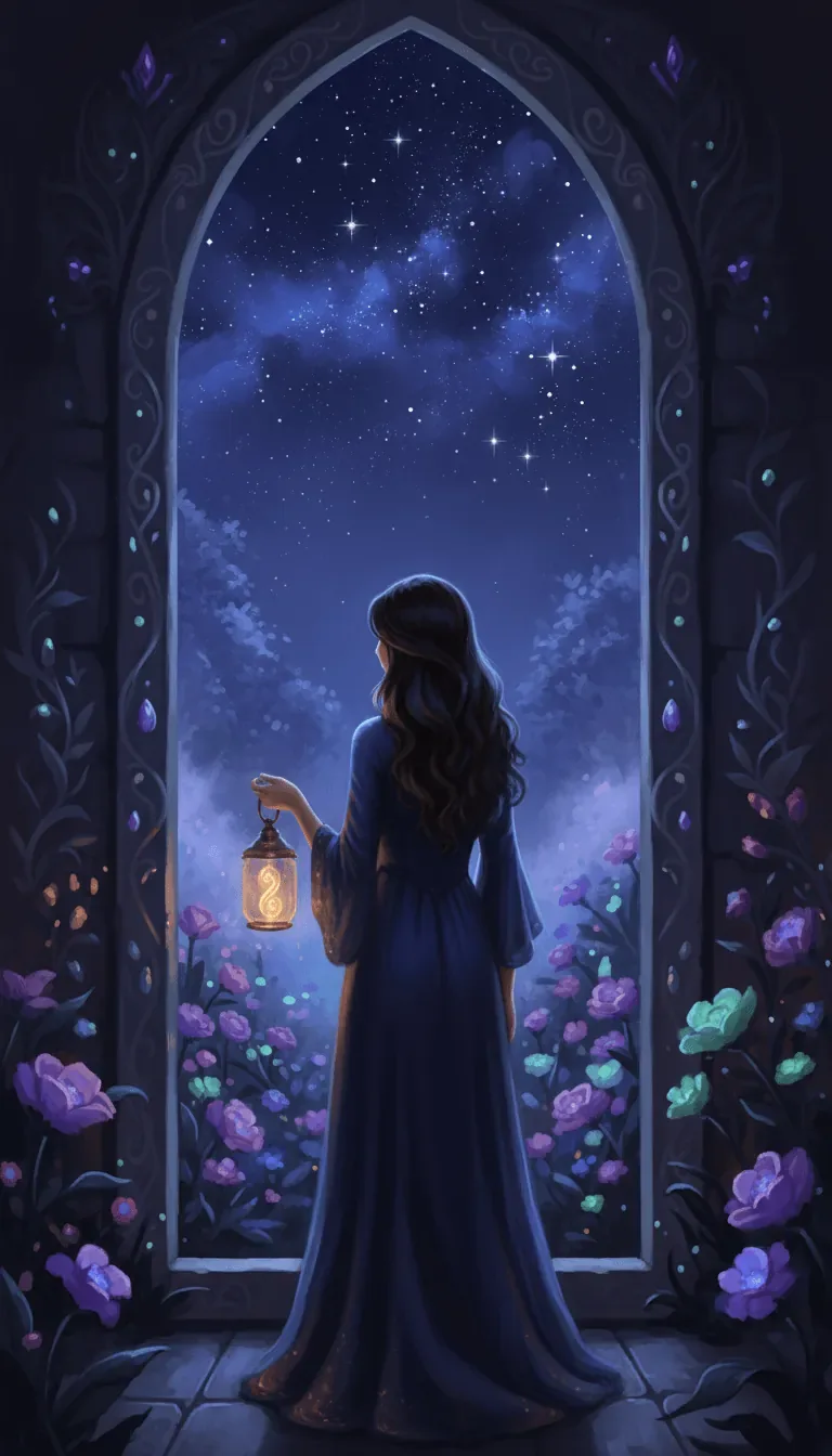 A woman holding a lantern gazing out an arched window at a starry enchanted garden at night