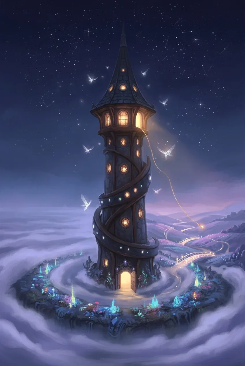A fairytale tower above the clouds with a glowing golden path leading away toward the horizon at night